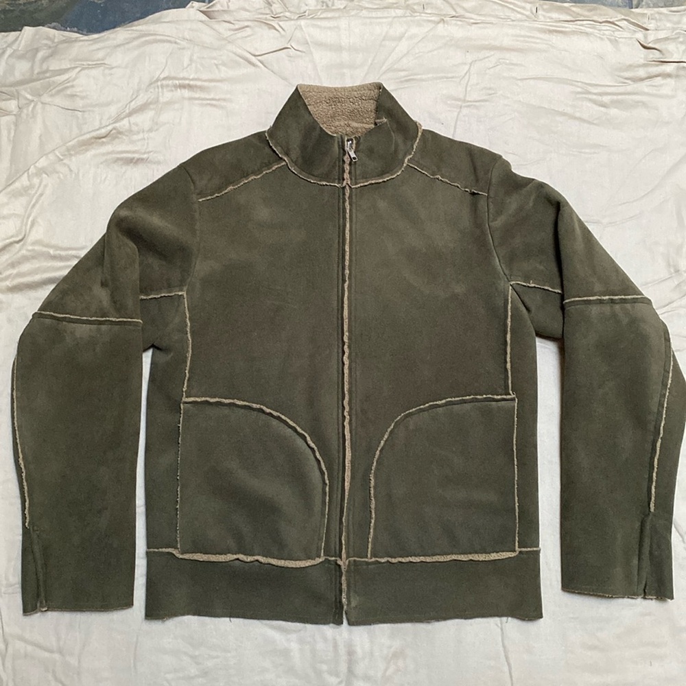 VELVETMEN army green sherpa zip jacket faux suede medium